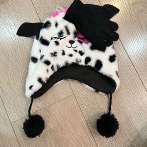 Dalmatian Dog Hat and Gloves Set White Black Faux Fur Kids OS